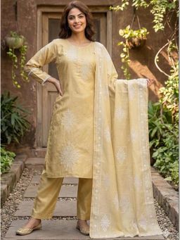 Gahan - Women Silk Kurta With Pant And Muslin Dupatta - Yellow