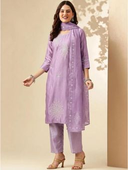 Gahan - Women Silk Kurta With Pant And Muslin Dupatta - Lavender