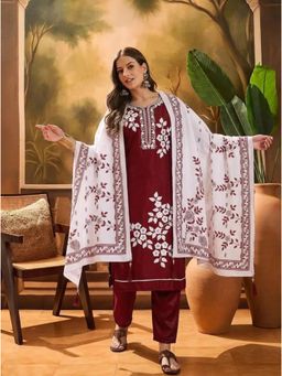 Gahan - Womens Embroidered Kurta With Pant And Dupatta - Maroon