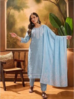 Gahan - Womens Embroidered Kurta With Pant And Dupatta - Blue