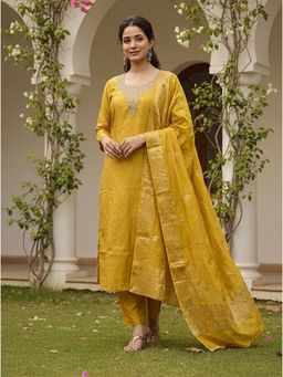 Gahan - Womens Roman Glass Hand Work Embroidery Kurta And Pant With Dupatta - Yellow