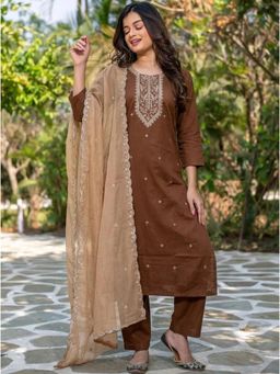 Gahan - Women Roman Silk Embroidered Kurta And Pant With Dupatta - Brown