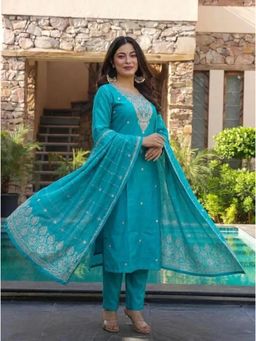 Gahan - Womens Embroidered Kurta With Pant And Dupatta - Teal