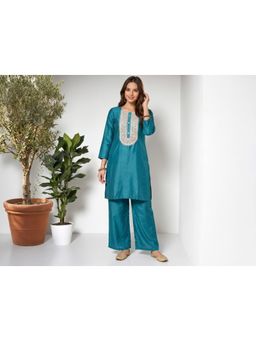 Gahan - Womens Cotton Floral Embroidered Short Kurta With Palazzo - Teal