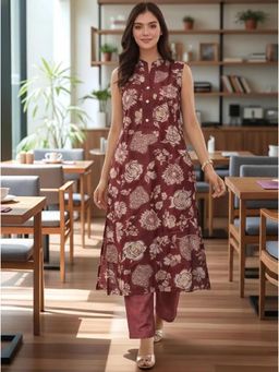Gahan - Womens Floral Printed Vatican Kurta And Pant - Maroon