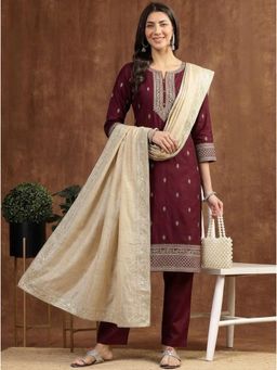 Gahan - Womens Embroidered Kurta With Pant And Dupatta - Wine