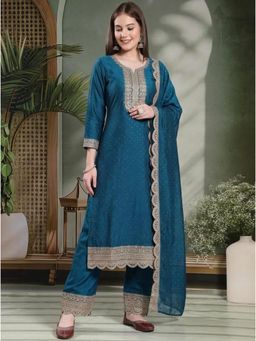 Gahan - Womens Embroidered Kurta With Pant And Dupatta - Teal