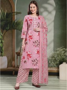 Gahan - Womens Floral Printed Rayon Kurta And Pant And With Cotton Dupatta - Pink