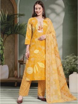 Gahan - Womens Yellow Floral Printed Rayon Kurta And Pant And With Cotton Dupatta - Yellow