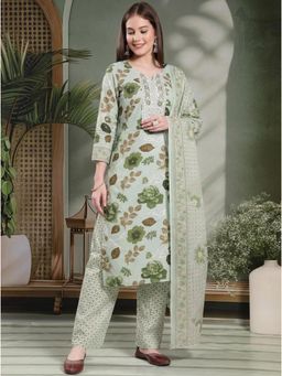 Gahan - Womens Floral Printed Rayon Kurta And Pant And With Cotton Dupatta - Green
