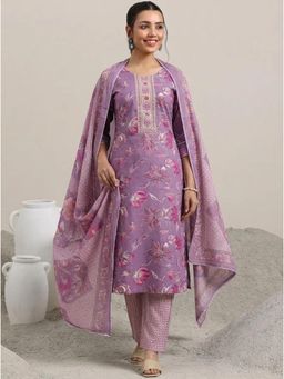 Gahan - Womens Floral Printed Rayon Kurta And Pant And With Cotton Dupatta - Purple