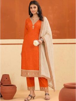 Gahan - Womens Embroidered Kurta With Pant And Dupatta - Orange