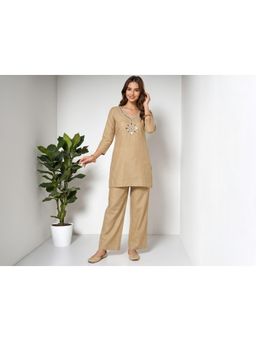Gahan - Womens Embroidered Silk Mirror Work Co-Ord Set - Beige
