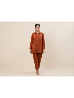 Gahan - Womens Embroidered Silk Co-Ord Set - Orange