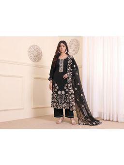 Gahan - Womens Floral Embroidered Work Kurta with Dupatta and Pant- Black