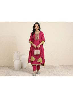 Gahan - Womens Chanderi Embroidered Kurta With Pant And Dupatta - Pink