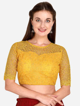 Amrutam Fab - Womens Embroidered & Sequences Work Yellow Net Stiched Blouse With Boat Neck