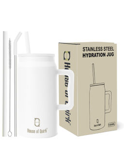 House of Quirk - Stainless Steel Mug Tumbler Water Bottle With Handle And Straw Lid 1500Ml (White)
