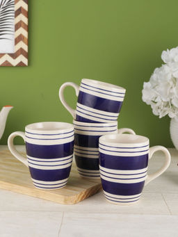 VarEesha - Indigo Blue Stripes Ceramic Large Coffee Mugs/ Milk Mugs Set of Four