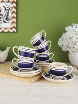 VarEesha - Indigo Blue Stripes Hand-Made Ceramic Tea/Coffee Cups With Saucers Set