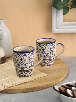 VarEesha - Hand-Made Mehraab Blue Off-White Ceramic Large Coffee Mugs/ Milk Mugs