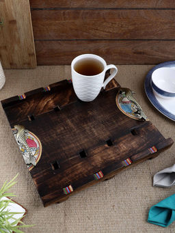 VarEesha - Madhubani Work Mango Wood Square Tray & Brass Handles