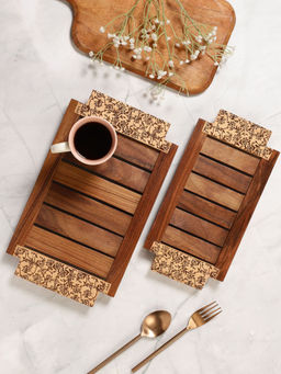 VarEesha - Gul Hand Carved Sheesham Wood Trays With Fine Carving Handles