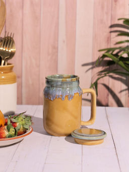 VarEesha - Mustard Studio Pottery Ceramic Mason Jar Cup With Lid