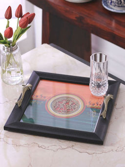VarEesha - Hand Crafted Dhokra Art Teal And Orange Tray With Glass Top