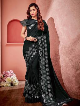 Odette - Black Lycra Fancy Net Designer Saree with Unstitched Blouse