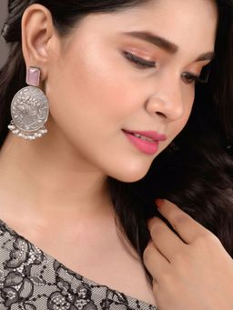 Saraf RS Jewellery - Silver Oxidised Pink Stone Studded Contemporary Earrings