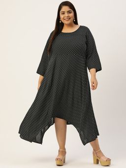 theRebelinme - Plus Size Women Black Polka Dot Printed Woven A-Line Midi Dress