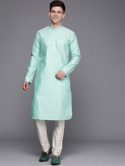 Manyavar - Art Silk Green All Over Self Design Full Sleeve Mandarin Collar Kurta with Pencil Pajama (Set of 2)