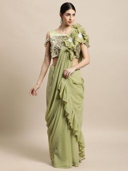 Tikhi Imli - Green Solid Georgette Saree with Applique Flower On Shoulder with Unstitched Blouse
