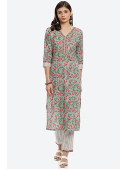 Biba - Turquoise Cotton 2 Piece Unstitched Set; Combines Kurta and Bottom Wear (Set of 2)