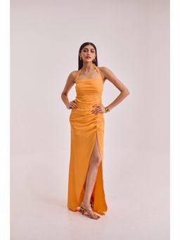 Urban Suburban - Orange Ruched Halter Maxi Dress