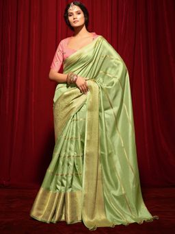 Akhilam - Womens Silk Blend Light Green Woven Design Designer Saree with Unstitched Blouse