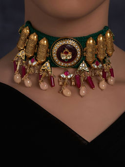 Joules By Radhika - Antique Gold Plated Chocker Necklace with Jade Drops