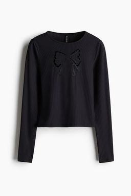 H&M - Women Black Embroide-Motif Ribbed Top