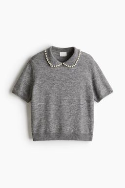 H&M - Women Grey Beaded-Collar Knitted Top