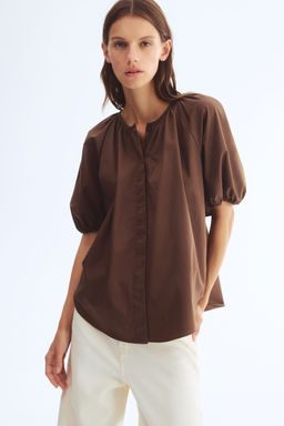 H&M - Women Brown Puff-Sleeved Cotton Blouse