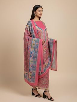 MUFFLY - Pink Kalamkari Woolen Unstitched Dress Material with Stole