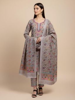 MUFFLY - Silver Kalamkari Woolen Unstitched Dress Material with Stole