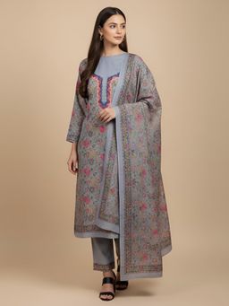 MUFFLY - Grey Kalamkari Woolen Unstitched Dress Material with Stole