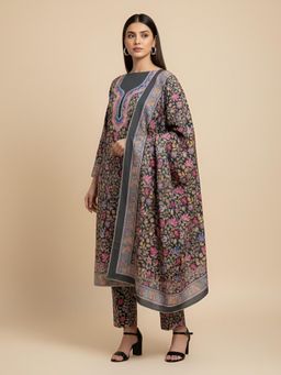 MUFFLY - Black Kalamkari Woolen Unstitched Dress Material with Stole