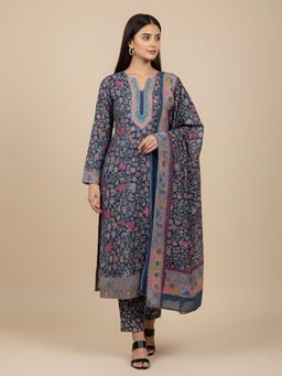 MUFFLY - Blue Kalamkari Woolen Unstitched Dress Material with Stole