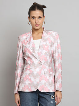 Powersutra - Printed Notch Collar Blazer- Pink