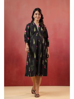 CRAFIQA - Power Black Mughal Bota Cotton Maternity - Nursing Dress