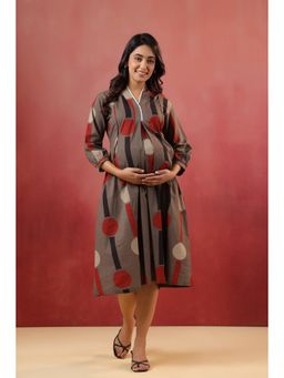 CRAFIQA - Mocha Geometric Ajrakh Cotton Maternity - Nursing Dress