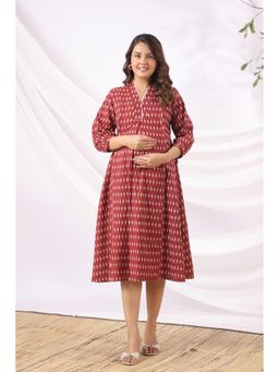 CRAFIQA - Maroon Micro Ikat Cotton Maternity - Nursing Dress